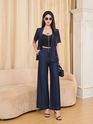 Set áo blazer cổ V phối quần ống suông chất lụa nổi chỉ Orchid - OH14S543