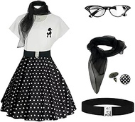 1950s Poodle Skirts Sock hop Outfits Women 50s Poodle Dress with Belt Glasses Earrings and Scarf