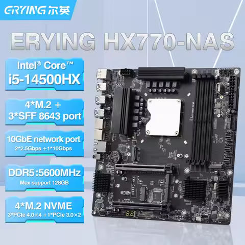 ERYING NAS Motherboard Onboard 14th gen Core i5 14500HX 4xDDR5 Channel M.2 NVMe 2280 2.5G WIFI SFF86