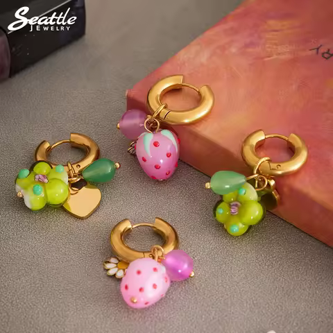 316 Stainless Steel 18K Gold-Plated Pink Strawberry Hoop Earrings for Women Bohemian Colorful Resin 