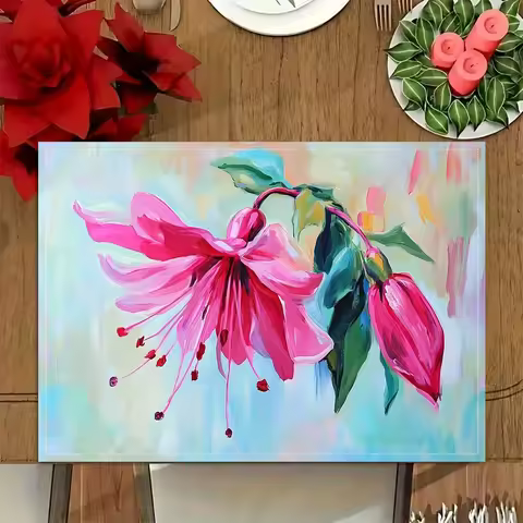 Fuchsia Flower Placemats Linen Pink Floral Table Mats Watercolor Art Kitchen Decor Washable Heat Res