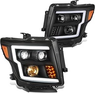 DNA MOTORING Pair LED DRL Projector Headlights Compatible With 2016-2022 Nissan Titan XD, Black/Ambe