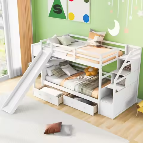 Twin Over Twin Bunk Bed with Stairs, Slide, Desk, Solid Wood Bunk Bed with Storage Drawers and Shelv