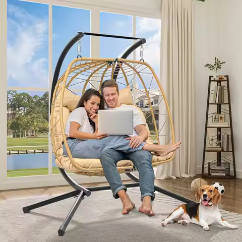 Patio Love Seats Chair with Stand Double Egg Chair, 2 Person Couple Wicker Rattan Chair Outdoor Egg 