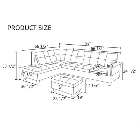 Sectional Sofa with Movable Chaise amp Storage Ottoman, Leather 3Piece Modular Convertible Couches f