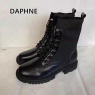 Daphne/達芙妮正品旗下鞋櫃秋冬新款女鞋 韓版中跟平底圓頭針織繫帶馬丁靴 全新庫存清倉 挑戰最低價 任選3件免運費