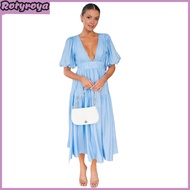 Womens Bohemian Long Dress Deep V Neck Puff Short Sleeve Swing Dress Summer Tiered Flowy A Line Midi