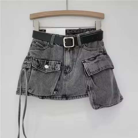 Denim Skirts Women Streetwear Cargo Skirt Multiple Pockets High Waist Stretch Washed Y2k Distressed 