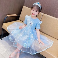 2-8 Years Baby Frozen Elsa Dress For Girl Princess Clothes Summer Toddlers Kids Gauze Cartoon Skirt Cotton Blue Dress