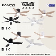 FANCO Smart RITO 3 RITO 5 Black White Pine Wood DC Motor Ceiling Fan with 3 Tone LED Light Kit | Guan Seng Electrical