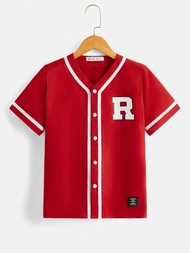 SHEIN 青少年男孩休閒運動學院襯衫,編織拼接,字母印花和夏季棒球風格