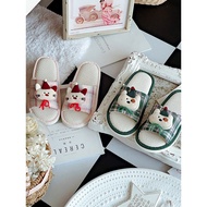 selipar getah wanita selipar pantai selipar wanita Japanese Cartoon Cat Couple Linen Slipper - Indoo