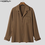 Nam hiệu incerun Hàn Quốc giản dị áo sơ mi dài tay nút lên Kết cấu Cuban cổ áo áo rộng