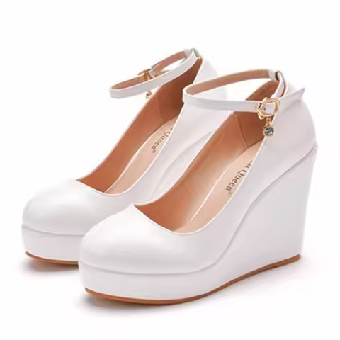 Large size round toe platform high-heeled shoes sloping single shoes with wedge heels white black we