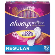 Always Radiant Daily Feminine Panty Liners For Women, Regular Absorbency, Unscented, 96 Count(Pack o