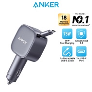 Anker USB-C Car Charger 75W Compact Type-C Fast Charging Car Charger Built-in USB-C Retractable Cabl