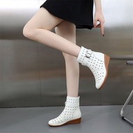 AT/👟2023Summer Hollow Booties Women's Genuine Leather Hole Boots Square Dance Shoes Mother Wear Breathable Wedge Soft Bo