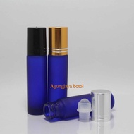 Roll On 10 Ml Blue Frosted Stainless Cap Gold Shiny Stripes / Glass Bottle / Perfume Bottle / Wind O