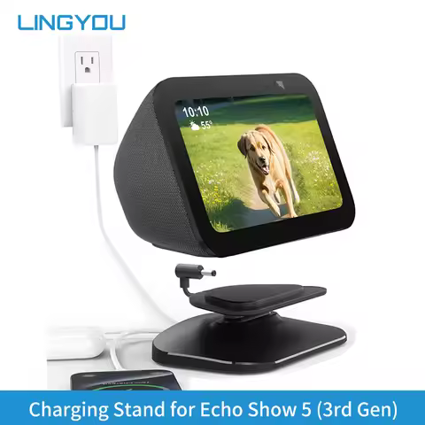 LINGYOU Stand for Echo Show 5 3rd Gen - Adjustable Table Holder with 2 Charging Ports (USB-C/A) for 