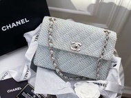 Chanel mini 藍白拼色編織麻布面CF銀扣鏈條包
