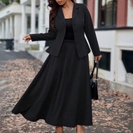 Plus Size Women French Style Casual Long Sleeve Top And Midi Skirt 2-Piece Set, Autumn/Winter Skirt 