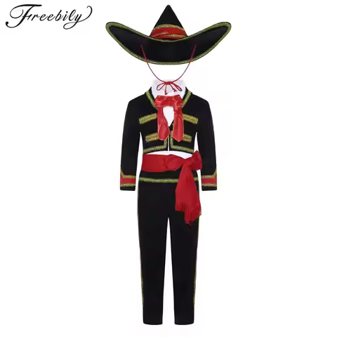 Boys Mariachi Dress Up Costume Halloween Carnival Party Mexican Amigo Traditional Dance Outfit Gold 