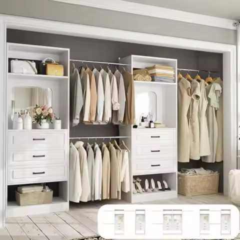 Closet System with 6 Drawers, 6-14Ft Closet Organizer with Mirror, Walk- Closet Organizer Wardrobe C