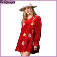 Women Christmas Dress Festive Star Print Patchwork Sequin A-line Pleated V Neck Long Sleeves Ruffles