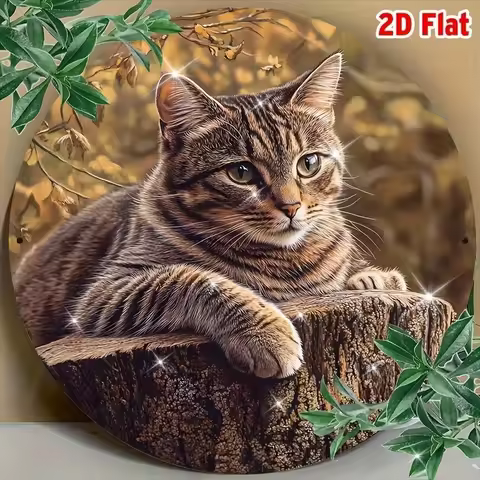 2D Flat A Stylish Tabby Cat on a Round Aluminum Sign, Featuring Vintage-Style Metal Wall Art Poster 