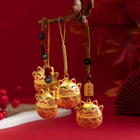 Chinese Style Sand Gold Maneki-Neko Keychain - Drip Glaze Lucky Cat Pendant for Keys, Bag, Gift for 