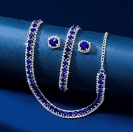 Set Perhiasan Choker Berlian Biru Sapphire Elegan Jewelry Set Mewah Blue Sapphire Crystal Set A17