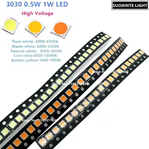 High Voltage 3030 SMD LED, Pure-white, Warm-white, Cool-white, Natural-white, Golden-yellow, 0.5W 3V