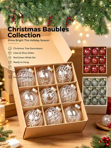 Christmas Ornaments-Clear Christmas Tree Ornaments, 8 cm Painted Holiday Wedding Ornaments Set| Chri