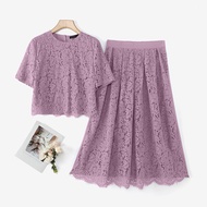 ZANZEA | ZANZEA PLUS ขนาด Elegant Lace Patchwork 2 ชิ้นชุดเสื้อแขนสั้นและ A-Line กระโปรงยาว 2 ชิ้นชุ