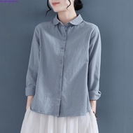 LAHSTORE women's loose long-sleeved linen shirt with youthful lotus collar ASM22 (Blue)