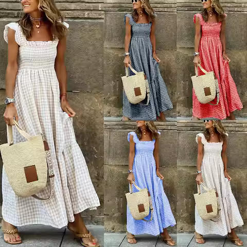 Elegant Plaid Slip Maxi Long Dress Summer Women Strapless Ruffle Backless Pleated Elastic Waist Boho