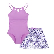 Kids Girls 2-Piece Print One Piece Swimsuit & Sheer Beach Sarong Cover Up Skirt Set