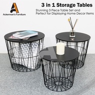 ACKERMAN 3 in 1 Set Round Storage Tables Coffee Table Stackable Metal Frame Nesting Bedside Table