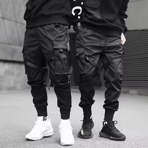 2025 Men's Multi Pocket Bandage Tactical Technical Clothing Work Pants Men's Harajuku Punk Hip Hop R