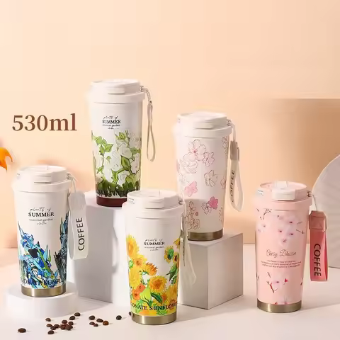 Steel Vacuum Straw Coffee Cup 500ml Double Wall Ice Cooler Home Coffee Car Vacuum Flask Printed