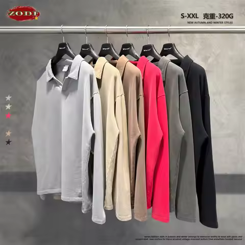 ZODF Retro Autumn Washed 320gsm Cotton T-Shirt For Men Unisex Distressed V Neck Turn Down Collar Lon