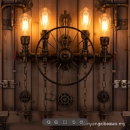 Retro American Industrial Vintage Light Balcony Restaurant Bar Wall Lamp Iron Wheel Water Pipe Wall 
