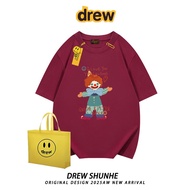 เสื้อยืดแขนสั้นผ้าฝ้ายแท้ Drew Trendy Cartoon Joker สำหรับผู้ชายและผู้หญิง สไตล์ลำลอง หลวมๆ แขนสั้น 