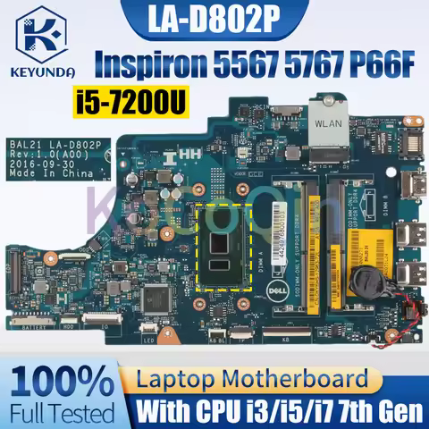 BAL21 LA-D802P For Dell Inspiron 5567 5767 P66F Notebook Mainboard i3/i5/i7 7th Gen 081YW5 0DG5G3 La