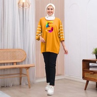 Atasan Kaos Oversize Wanita Lengan Salur Gambar Angka 5 Digital Print Bahan Babyterry Ld 120cm Dan L