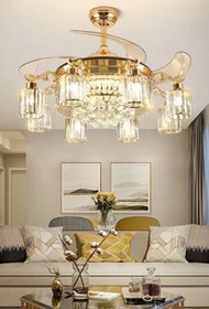 歐式水晶風扇燈 客廳風扇燈變頻金色吊扇燈