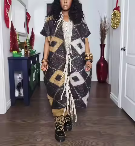 Women Winter Elegant Designer Tassel Duster Coat Oversized African Riche Lady Fuzzy Long Cardigans T