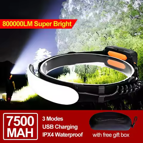 7500mAH 220° 800000LM Headlamp Portable Mini COB LED Headlight With Built-in Battery Flashlight USB 