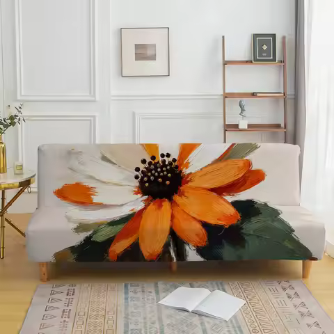 Orange and white large flower elastic sofa bed cover, living room sofa bed cover, dustproof machine 