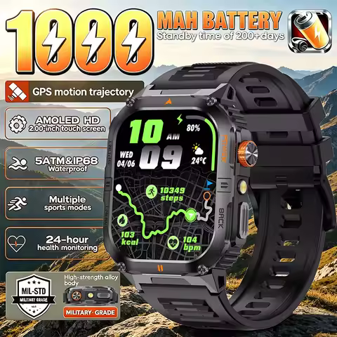 2026 1000mAh Military Outdoor Smart Watch 2.0 inches LED Flashlight IP68 Waterproof Heart Rate Sleep